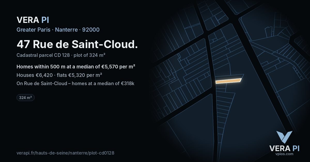 47 Rue de Saint-Cloud, Nanterre at night – the plot lit, the parcels around coloured by the prices near them