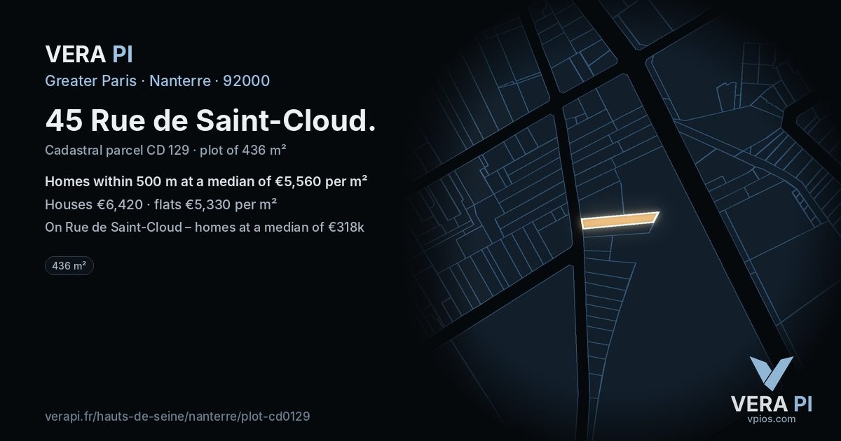 45 Rue de Saint-Cloud, Nanterre at night – the plot lit, the parcels around coloured by the prices near them