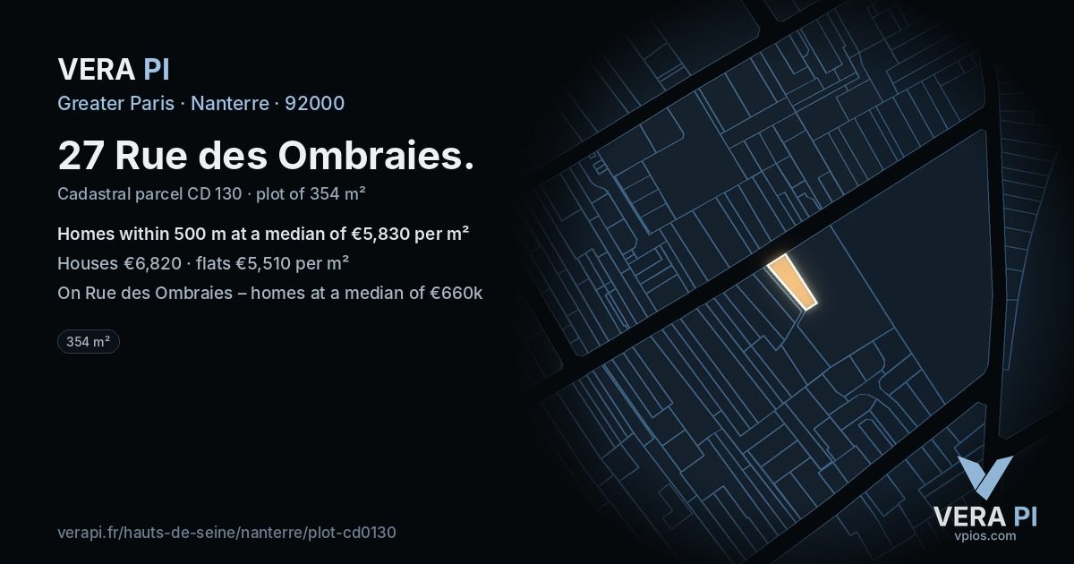 27 Rue des Ombraies, Nanterre at night – the plot lit, the parcels around coloured by the prices near them
