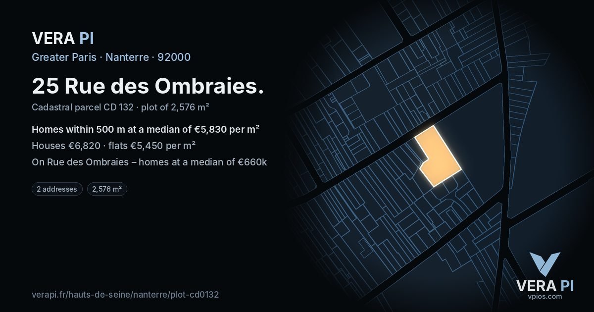 25 Rue des Ombraies, Nanterre at night – the plot lit, the parcels around coloured by the prices near them