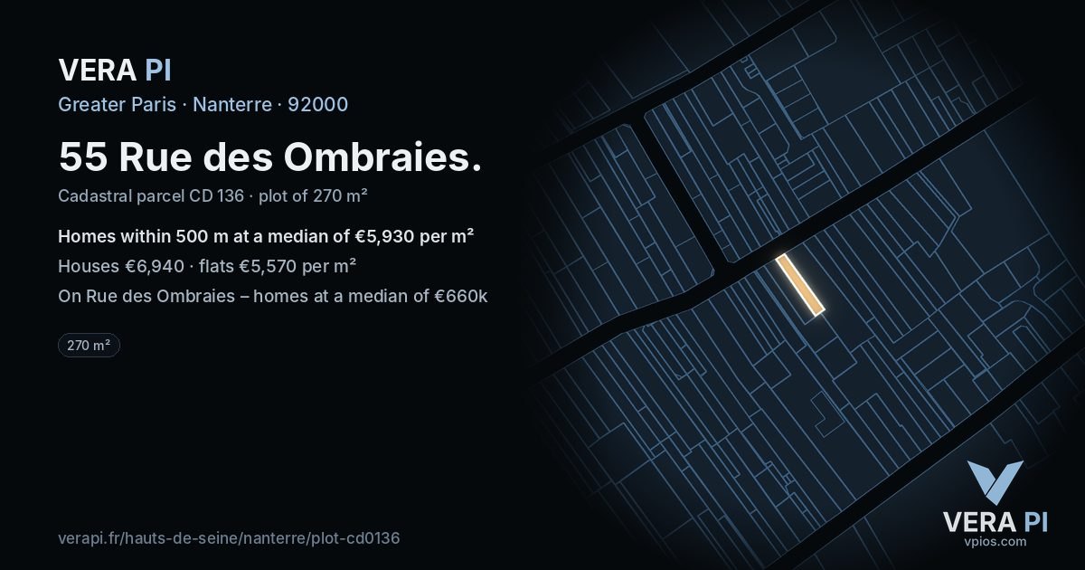 55 Rue des Ombraies, Nanterre at night – the plot lit, the parcels around coloured by the prices near them