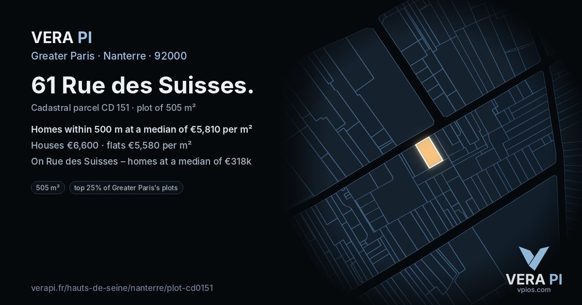 61 Rue des Suisses, Nanterre at night – the plot lit, the parcels around coloured by the prices near them
