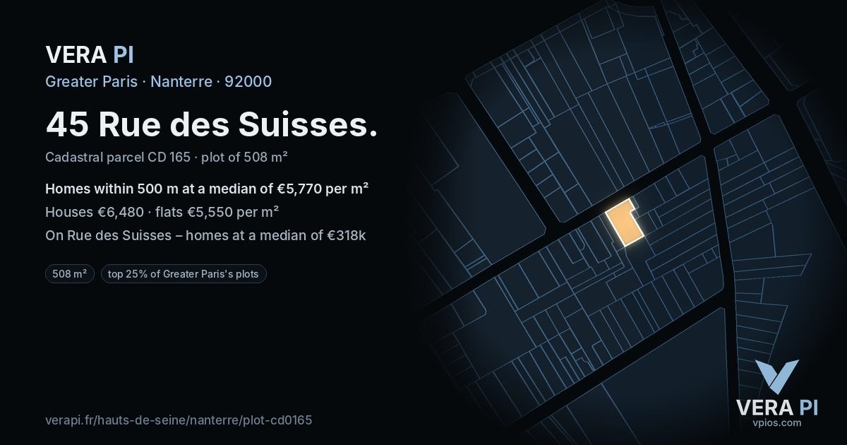 45 Rue des Suisses, Nanterre at night – the plot lit, the parcels around coloured by the prices near them