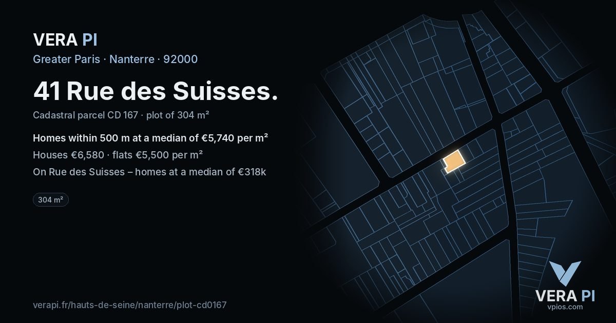 41 Rue des Suisses, Nanterre at night – the plot lit, the parcels around coloured by the prices near them