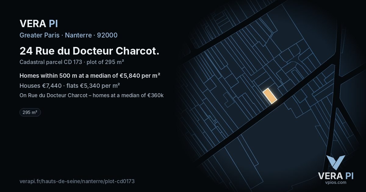 24 Rue du Docteur Charcot, Nanterre at night – the plot lit, the parcels around coloured by the prices near them