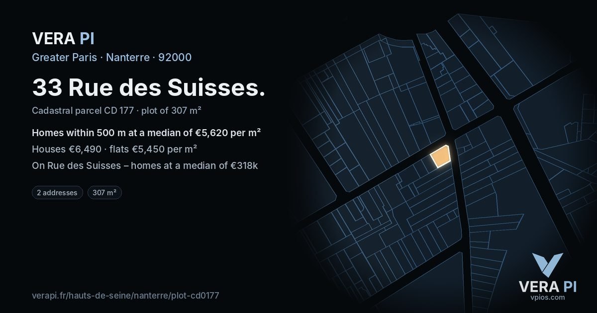 33 Rue des Suisses, Nanterre at night – the plot lit, the parcels around coloured by the prices near them