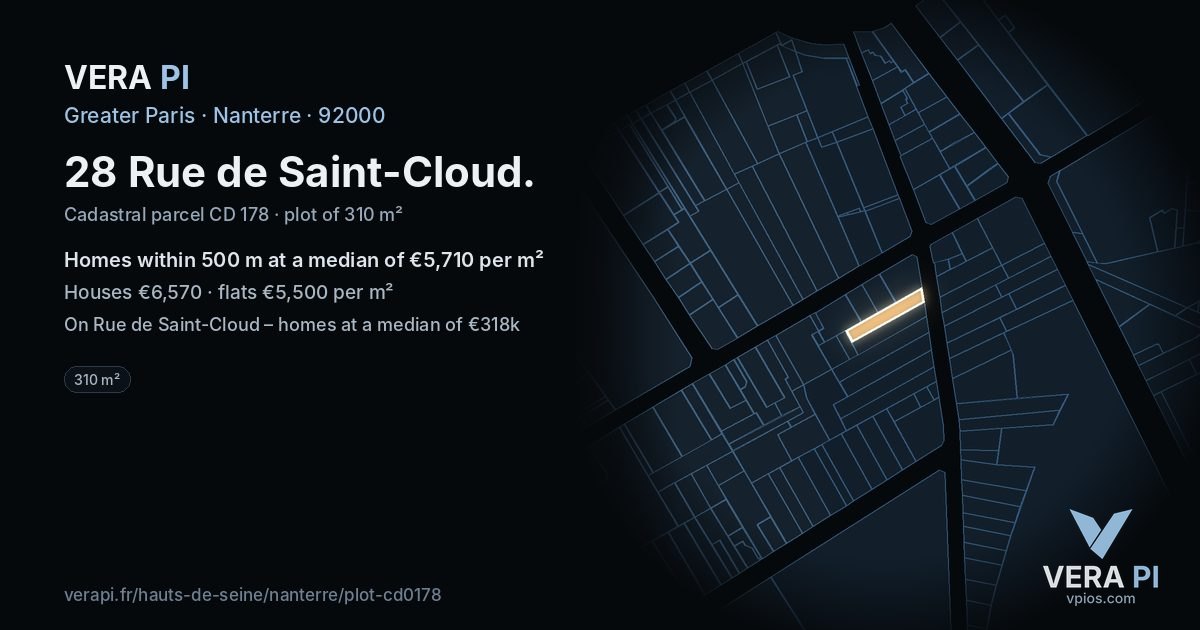 28 Rue de Saint-Cloud, Nanterre at night – the plot lit, the parcels around coloured by the prices near them