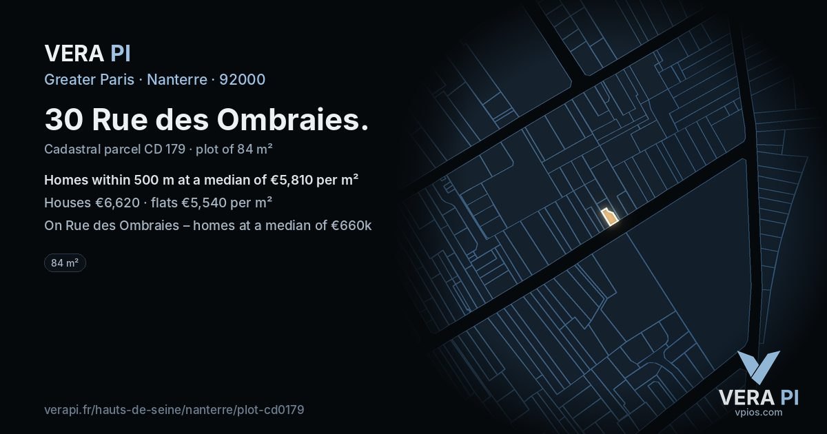 30 Rue des Ombraies, Nanterre at night – the plot lit, the parcels around coloured by the prices near them