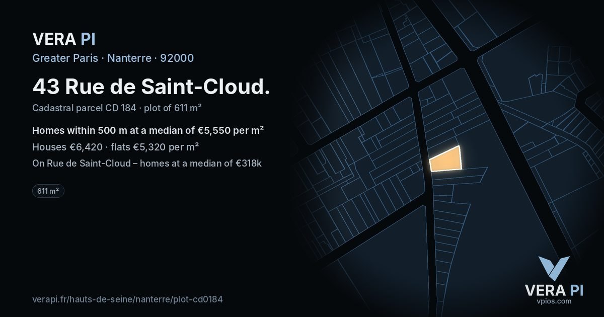 43 Rue de Saint-Cloud, Nanterre at night – the plot lit, the parcels around coloured by the prices near them