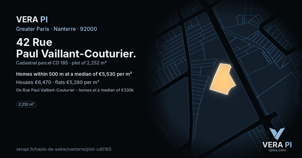 42 Rue Paul Vaillant-Couturier, Nanterre at night – the plot lit, the parcels around coloured by the prices near them