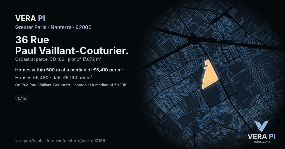 36 Rue Paul Vaillant-Couturier, Nanterre at night – the plot lit, the parcels around coloured by the prices near them