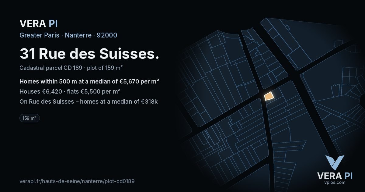 31 Rue des Suisses, Nanterre at night – the plot lit, the parcels around coloured by the prices near them