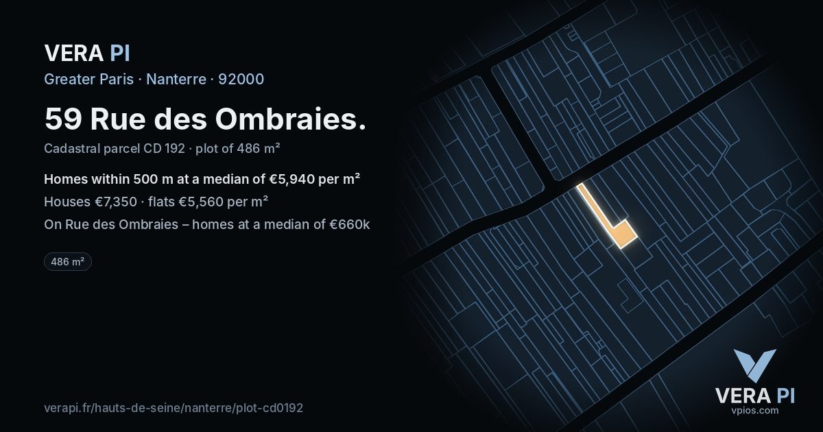 59 Rue des Ombraies, Nanterre at night – the plot lit, the parcels around coloured by the prices near them