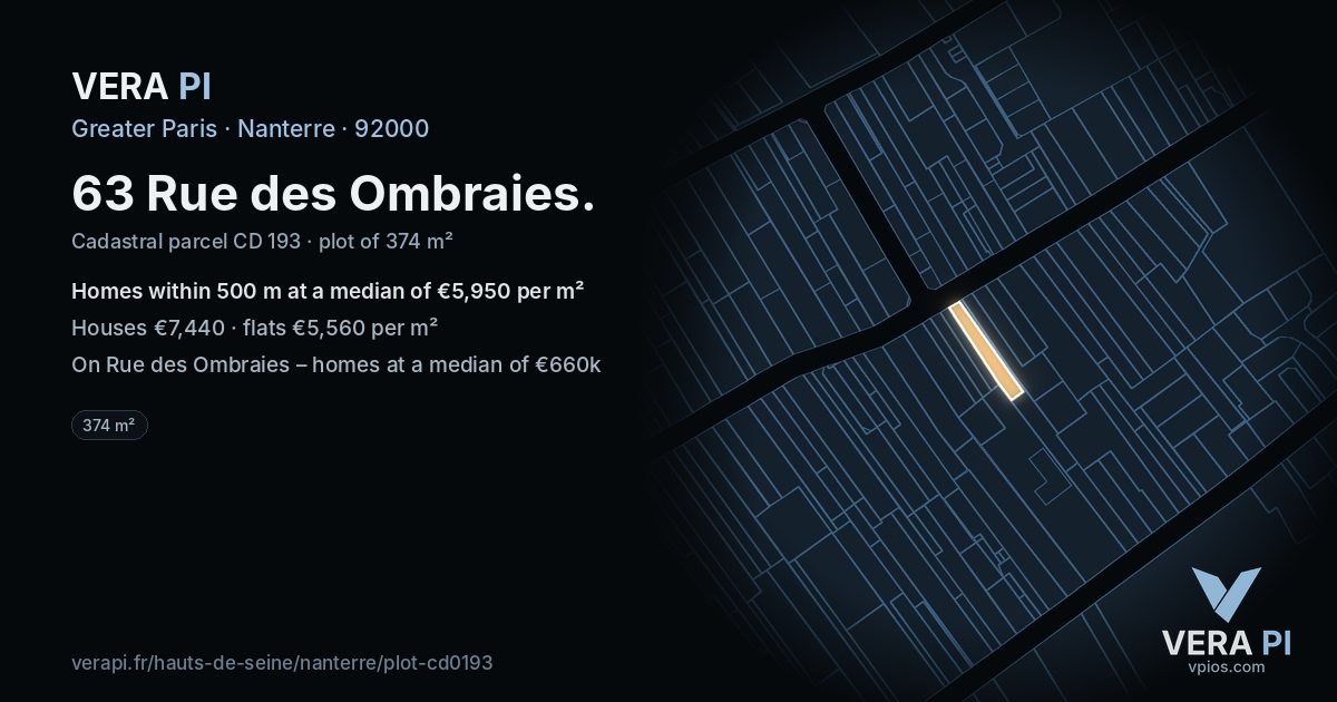 63 Rue des Ombraies, Nanterre at night – the plot lit, the parcels around coloured by the prices near them