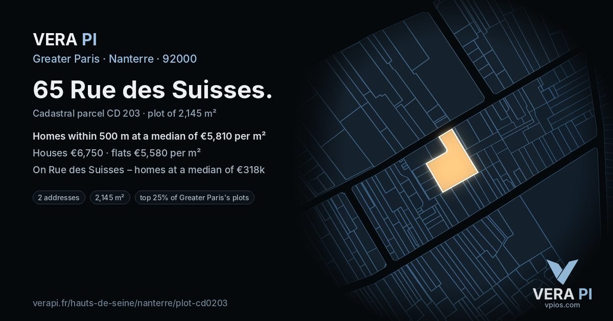 65 Rue des Suisses, Nanterre at night – the plot lit, the parcels around coloured by the prices near them