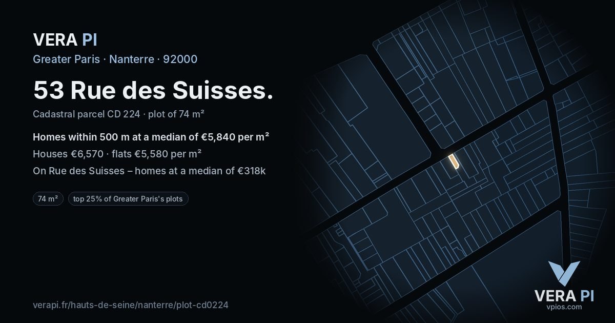 53 Rue des Suisses, Nanterre at night – the plot lit, the parcels around coloured by the prices near them