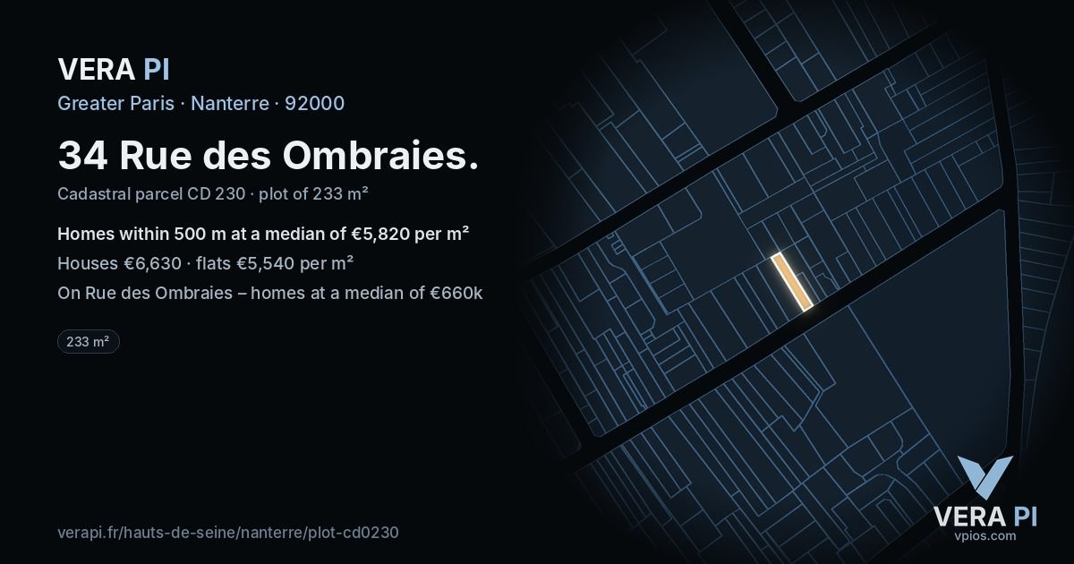 34 Rue des Ombraies, Nanterre at night – the plot lit, the parcels around coloured by the prices near them