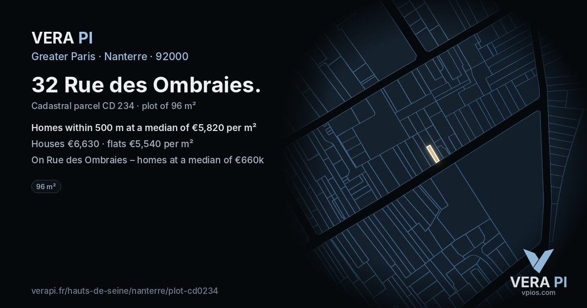 32 Rue des Ombraies, Nanterre at night – the plot lit, the parcels around coloured by the prices near them
