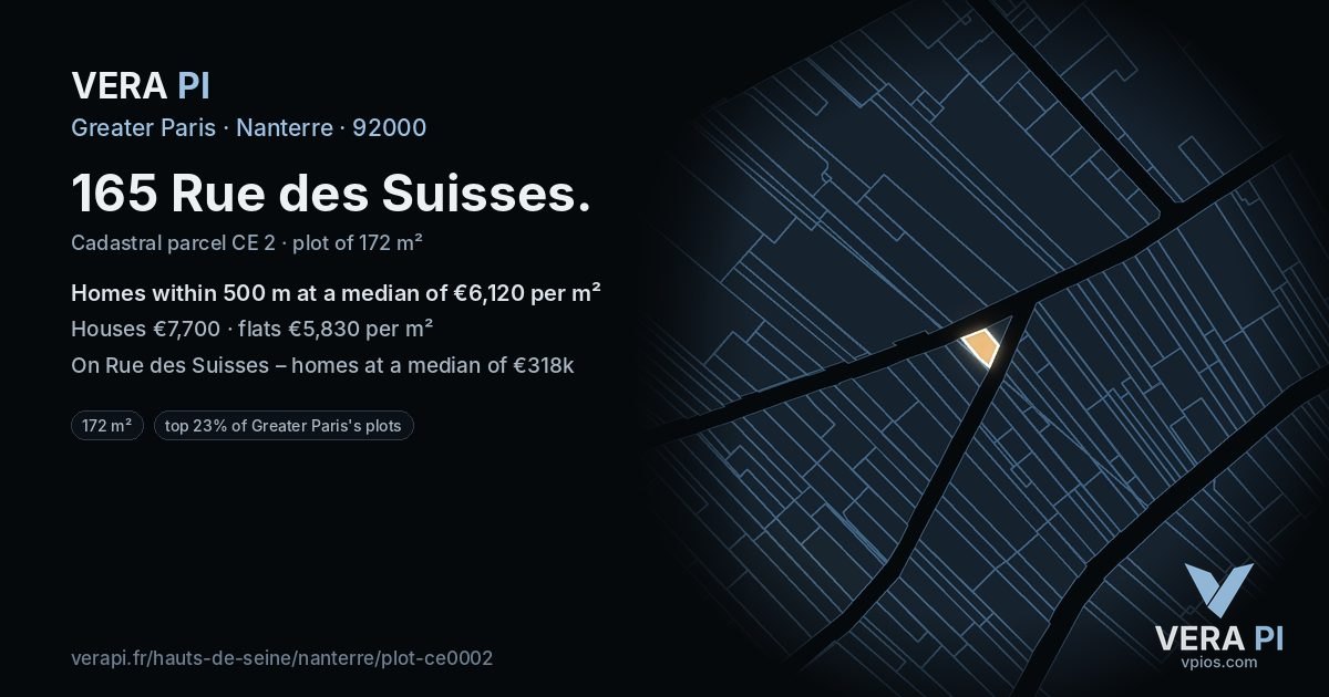 165 Rue des Suisses, Nanterre at night – the plot lit, the parcels around coloured by the prices near them
