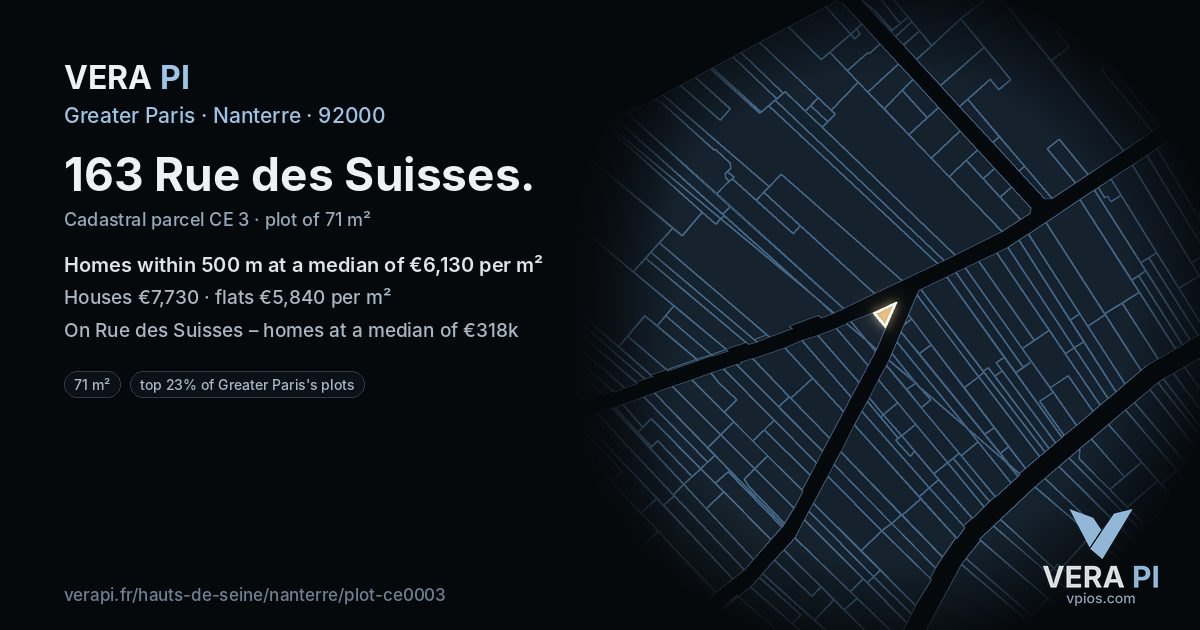 163 Rue des Suisses, Nanterre at night – the plot lit, the parcels around coloured by the prices near them
