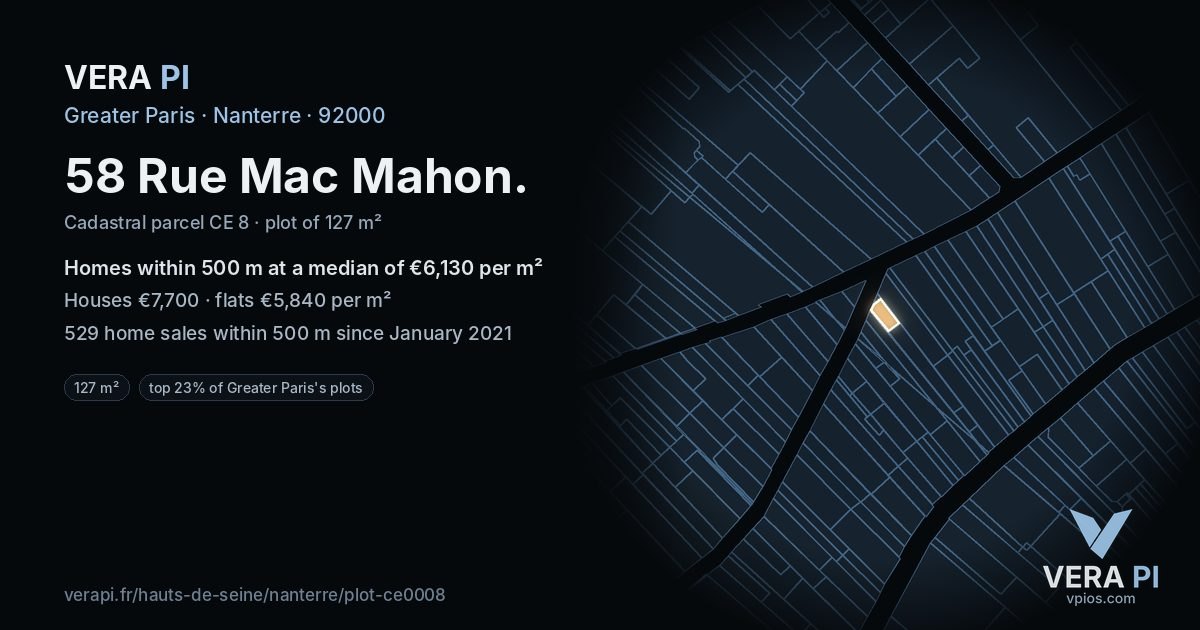 58 Rue Mac Mahon, Nanterre at night – the plot lit, the parcels around coloured by the prices near them