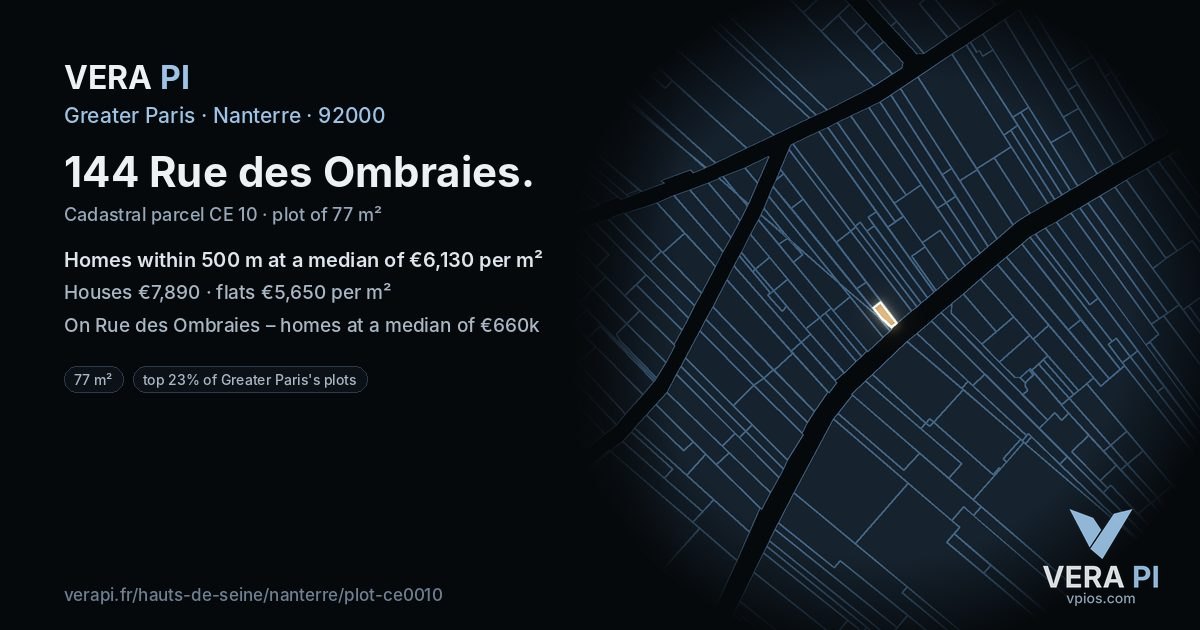 144 Rue des Ombraies, Nanterre at night – the plot lit, the parcels around coloured by the prices near them