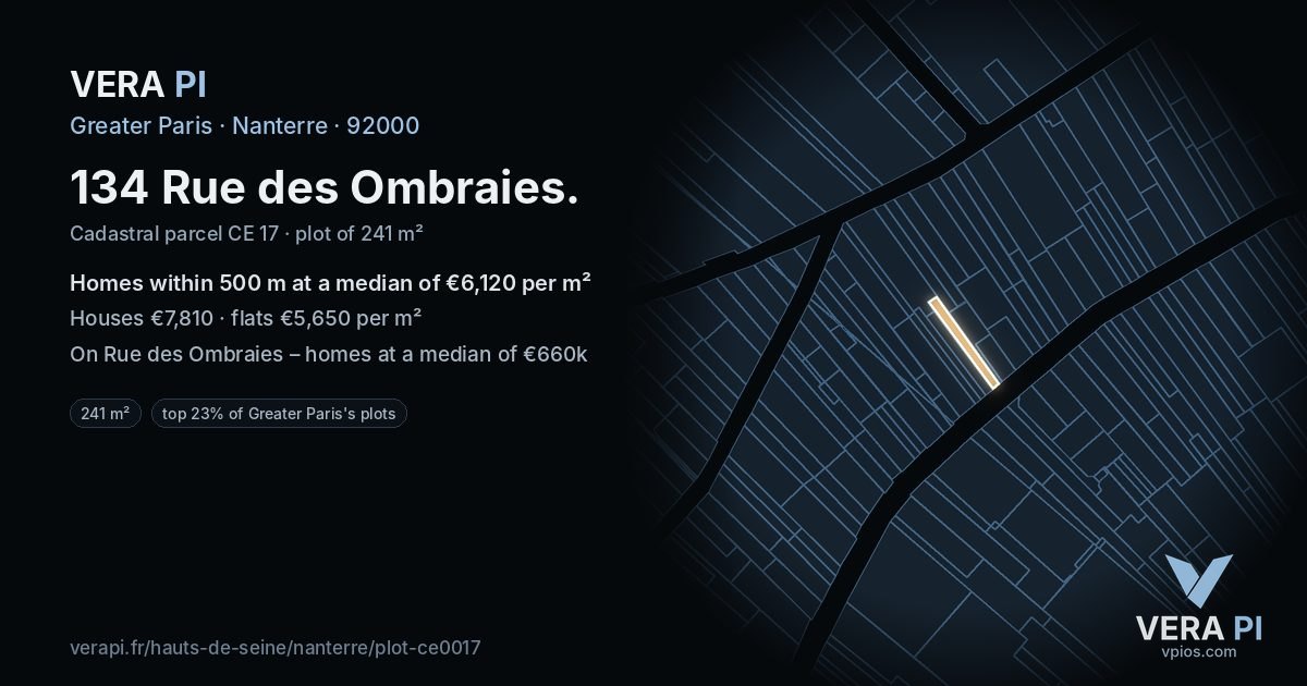 134 Rue des Ombraies, Nanterre at night – the plot lit, the parcels around coloured by the prices near them