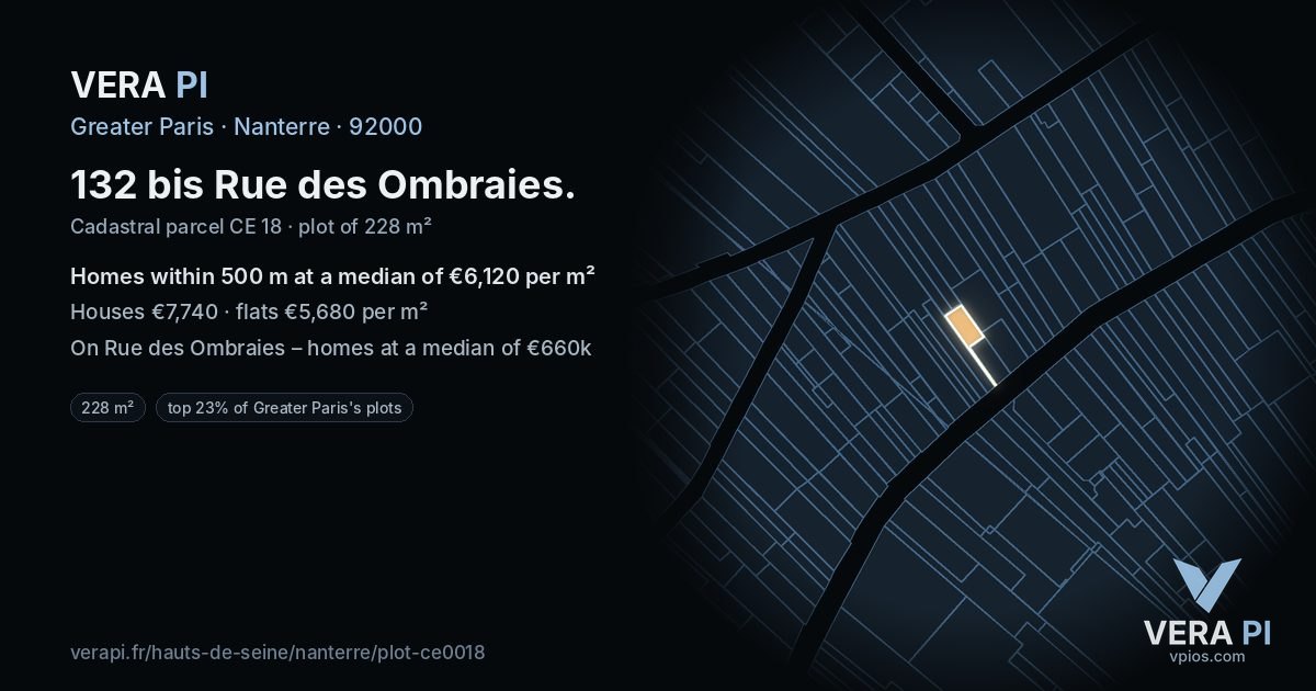132 bis Rue des Ombraies, Nanterre at night – the plot lit, the parcels around coloured by the prices near them