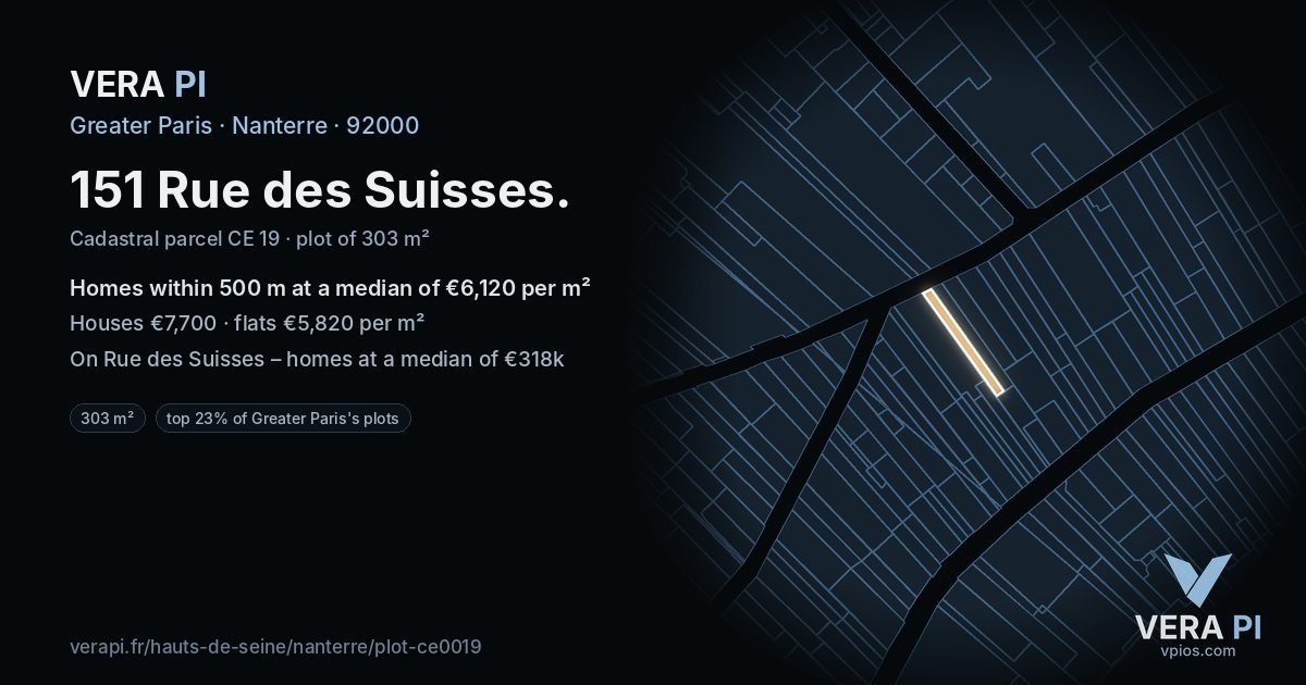 151 Rue des Suisses, Nanterre at night – the plot lit, the parcels around coloured by the prices near them