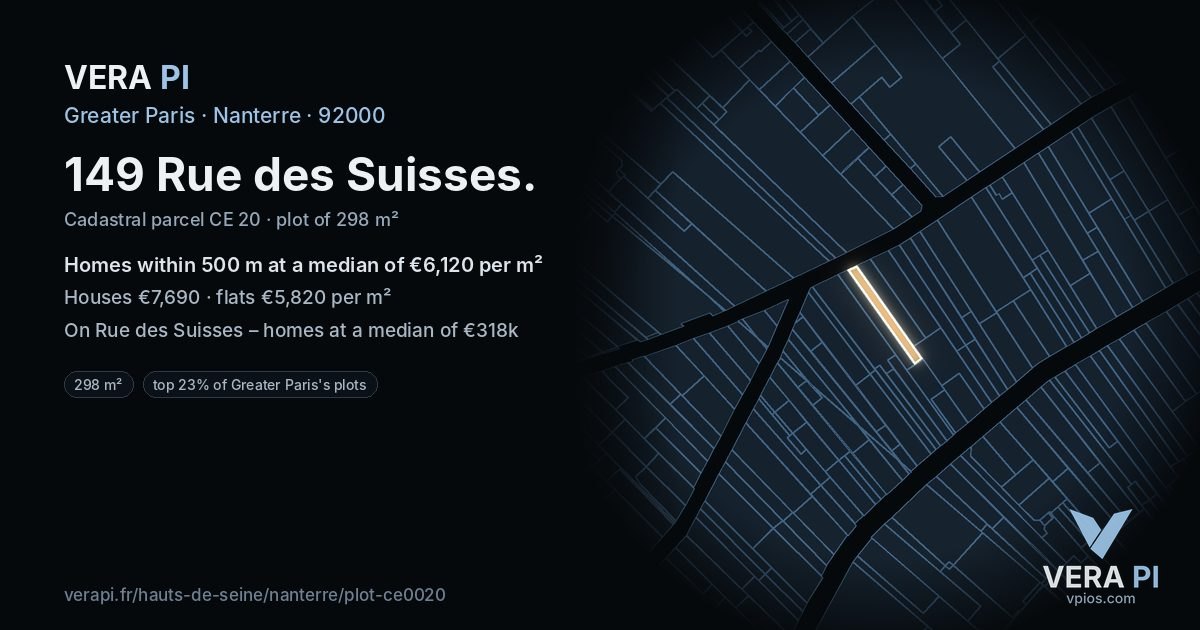 149 Rue des Suisses, Nanterre at night – the plot lit, the parcels around coloured by the prices near them