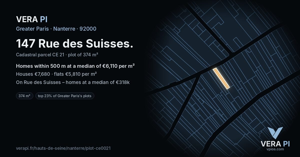 147 Rue des Suisses, Nanterre at night – the plot lit, the parcels around coloured by the prices near them