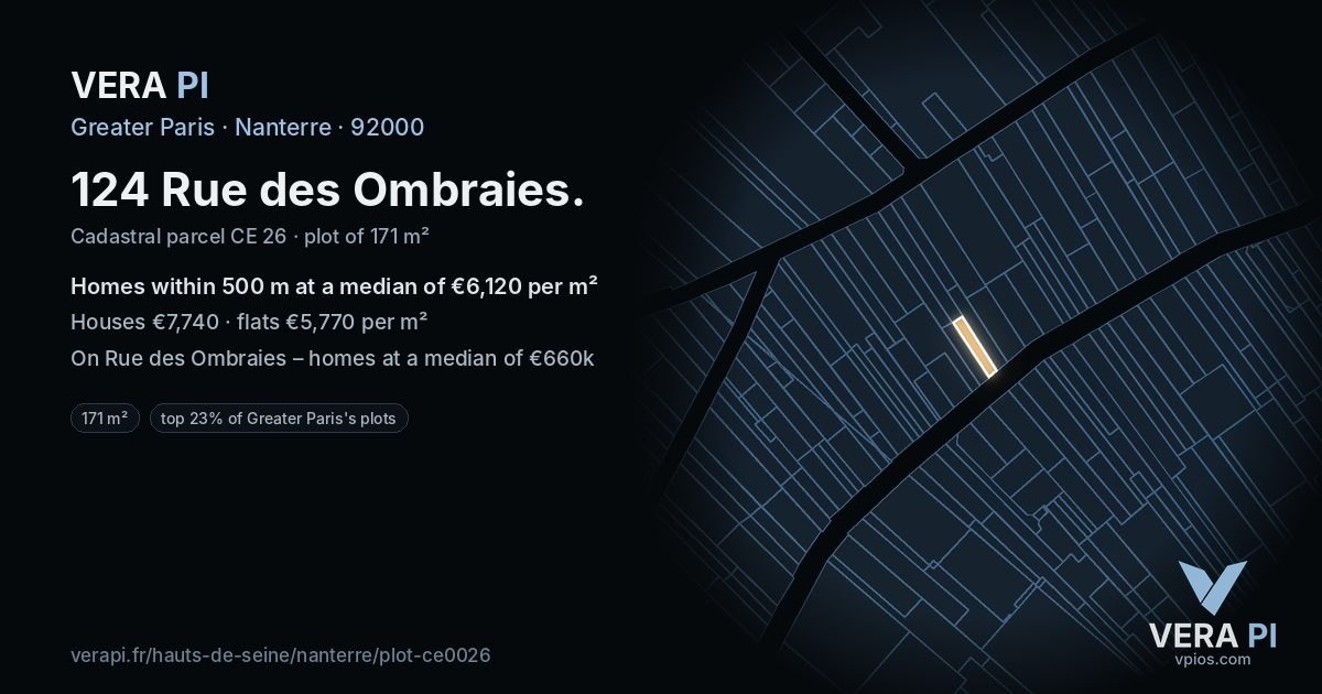 124 Rue des Ombraies, Nanterre at night – the plot lit, the parcels around coloured by the prices near them