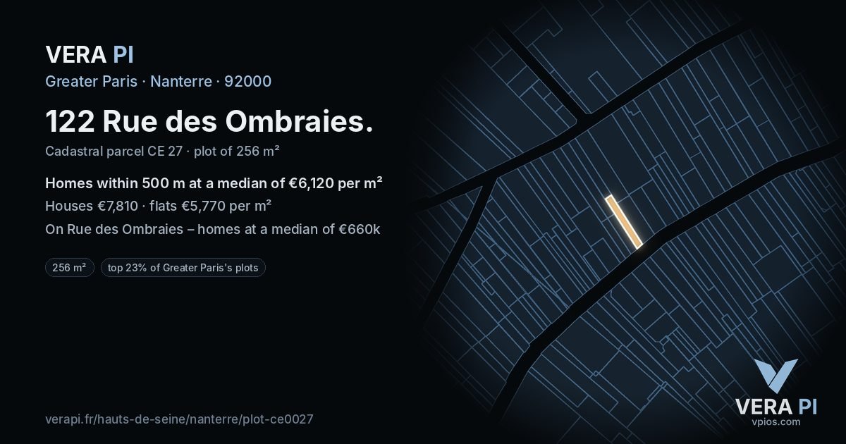 122 Rue des Ombraies, Nanterre at night – the plot lit, the parcels around coloured by the prices near them