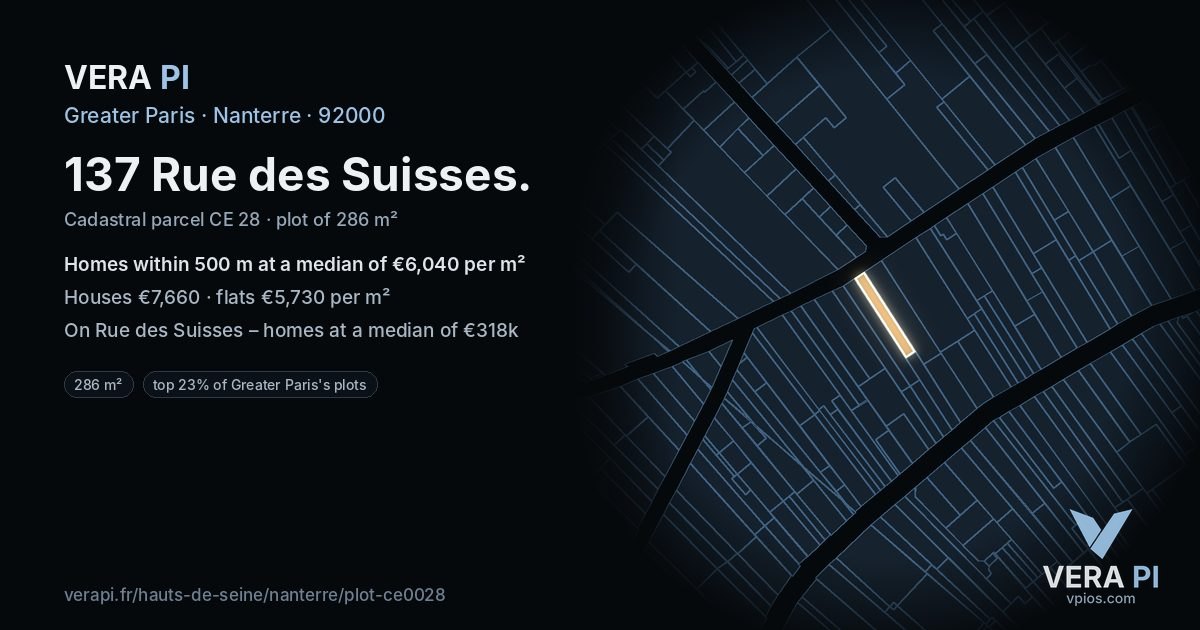 137 Rue des Suisses, Nanterre at night – the plot lit, the parcels around coloured by the prices near them