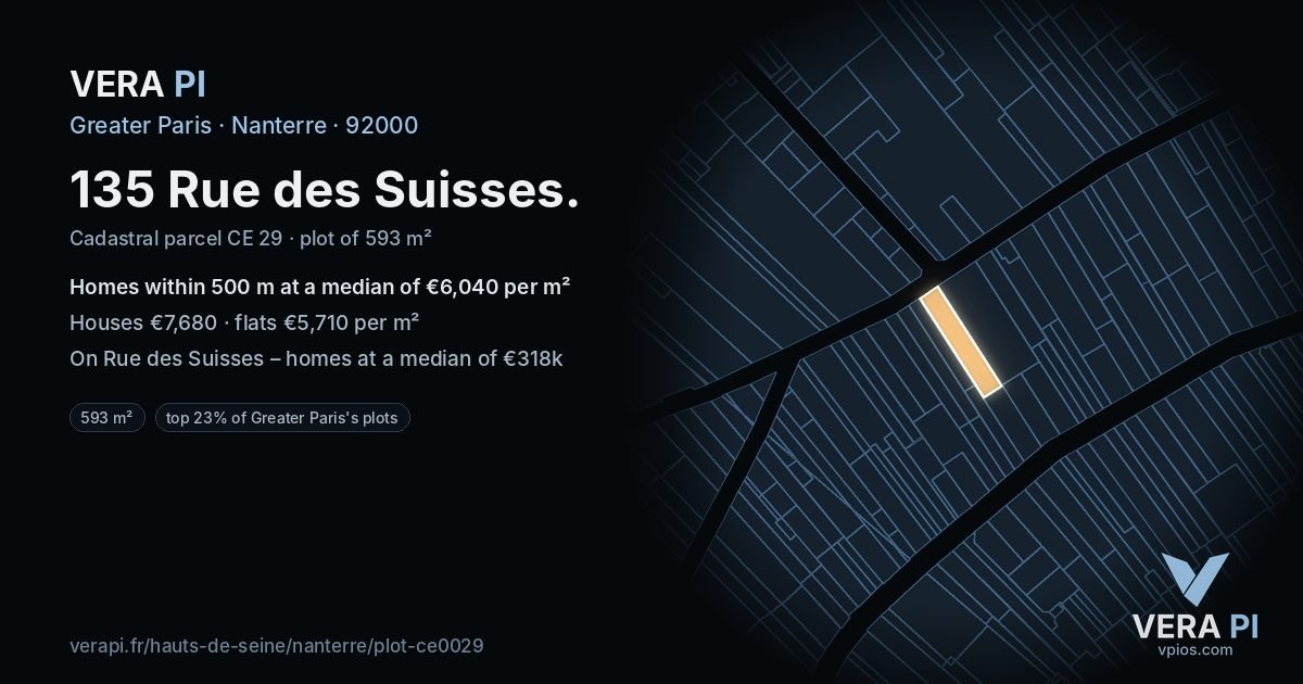 135 Rue des Suisses, Nanterre at night – the plot lit, the parcels around coloured by the prices near them