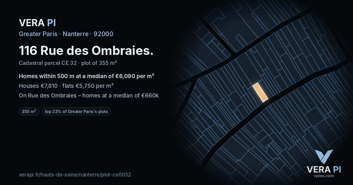 116 Rue des Ombraies, Nanterre at night – the plot lit, the parcels around coloured by the prices near them