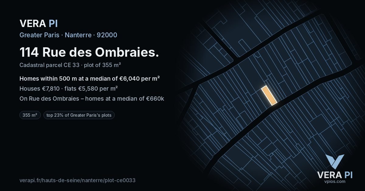 114 Rue des Ombraies, Nanterre at night – the plot lit, the parcels around coloured by the prices near them