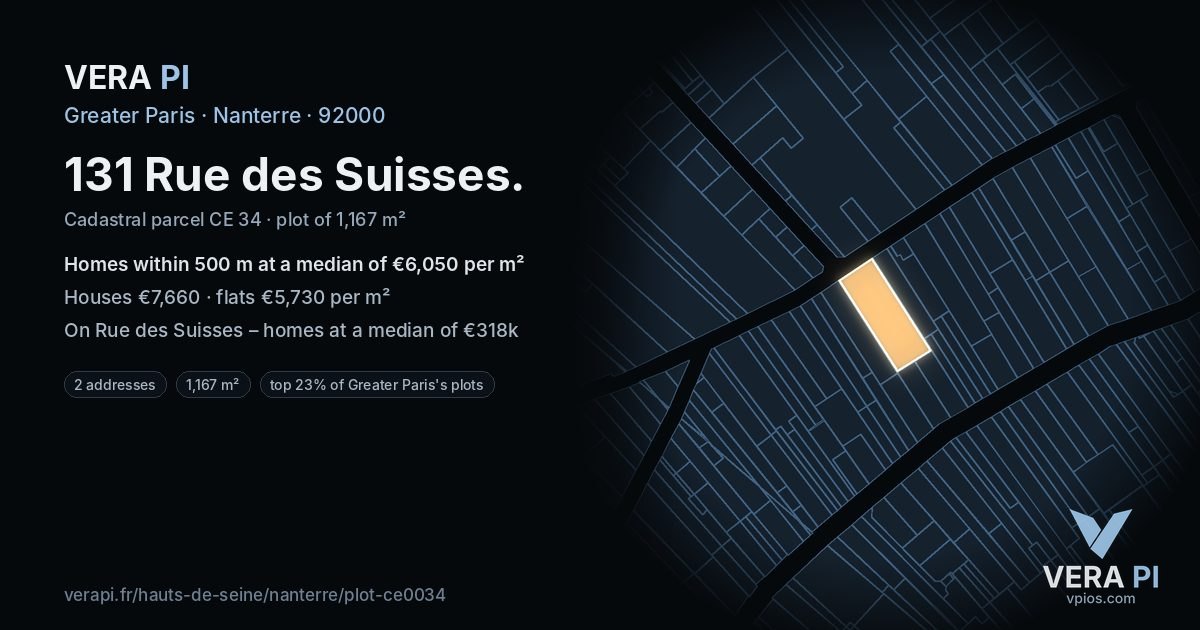 131 Rue des Suisses, Nanterre at night – the plot lit, the parcels around coloured by the prices near them