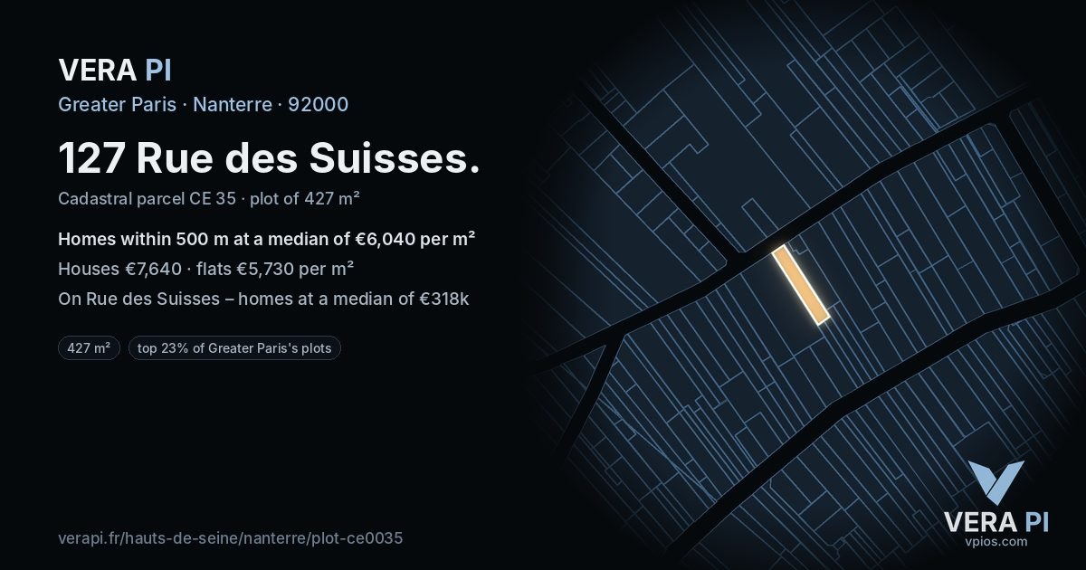 127 Rue des Suisses, Nanterre at night – the plot lit, the parcels around coloured by the prices near them