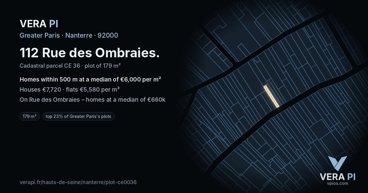 112 Rue des Ombraies, Nanterre at night – the plot lit, the parcels around coloured by the prices near them