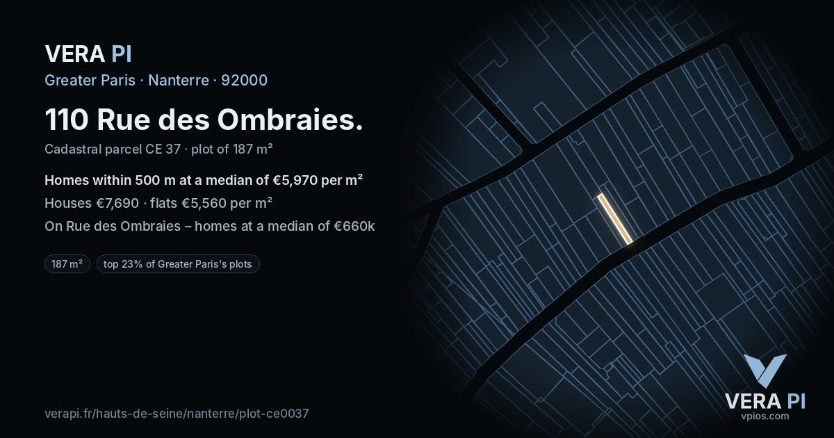 110 Rue des Ombraies, Nanterre at night – the plot lit, the parcels around coloured by the prices near them