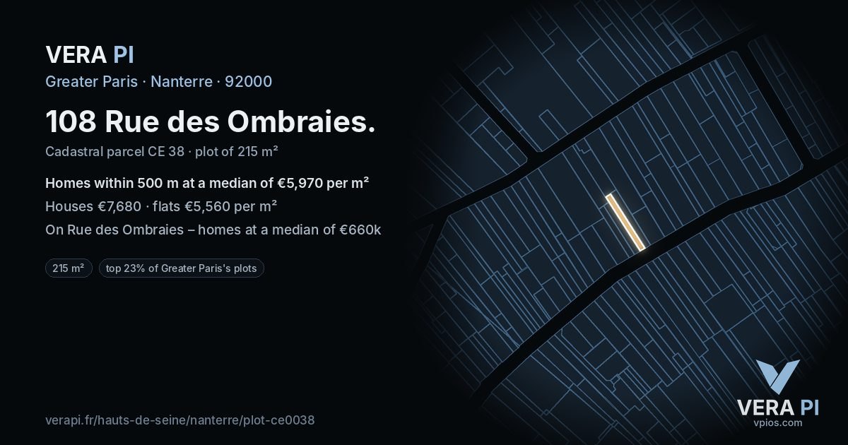 108 Rue des Ombraies, Nanterre at night – the plot lit, the parcels around coloured by the prices near them