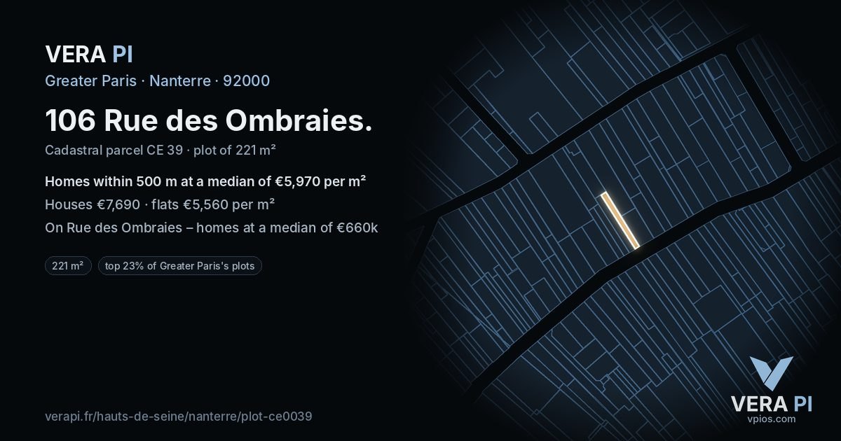 106 Rue des Ombraies, Nanterre at night – the plot lit, the parcels around coloured by the prices near them
