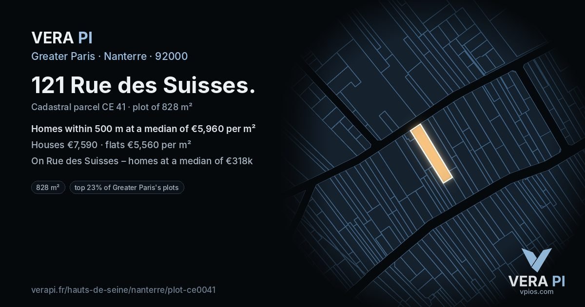 121 Rue des Suisses, Nanterre at night – the plot lit, the parcels around coloured by the prices near them