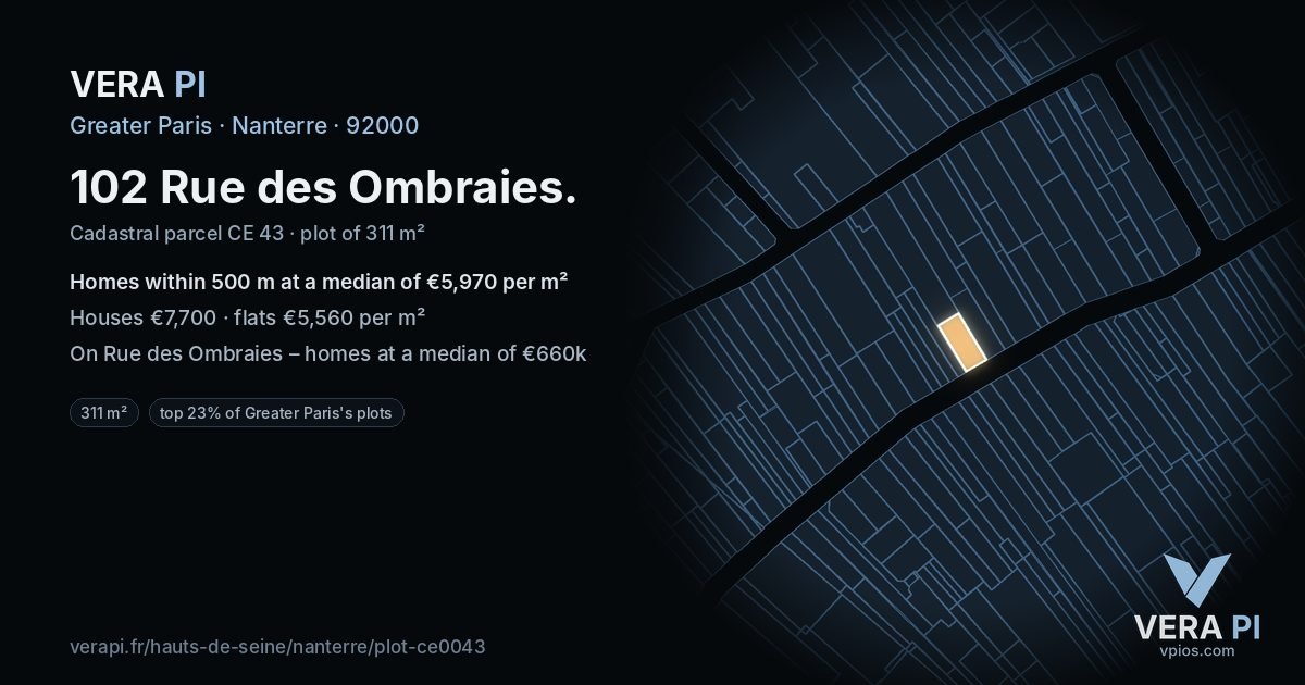 102 Rue des Ombraies, Nanterre at night – the plot lit, the parcels around coloured by the prices near them