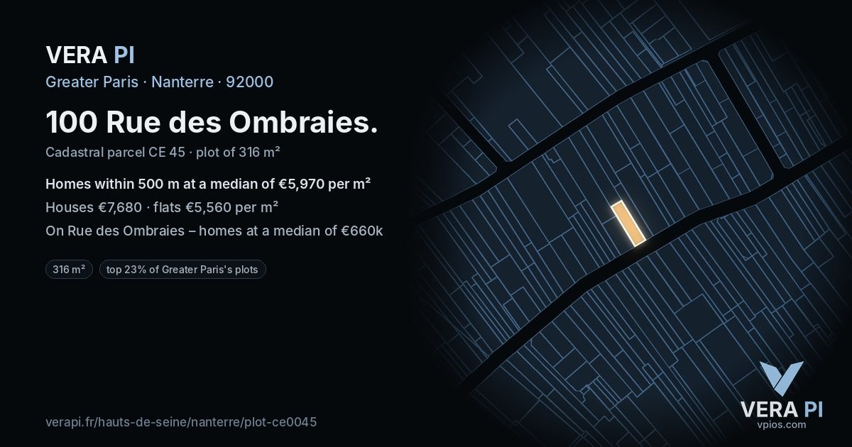 100 Rue des Ombraies, Nanterre at night – the plot lit, the parcels around coloured by the prices near them