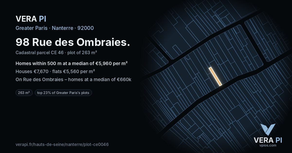 98 Rue des Ombraies, Nanterre at night – the plot lit, the parcels around coloured by the prices near them