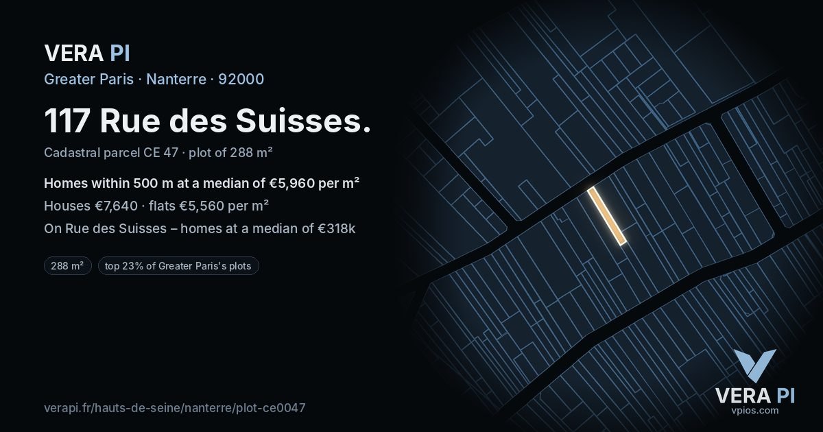 117 Rue des Suisses, Nanterre at night – the plot lit, the parcels around coloured by the prices near them