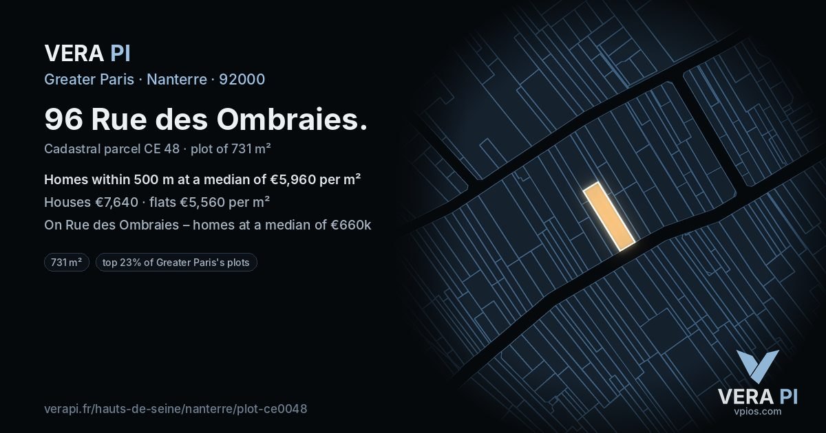 96 Rue des Ombraies, Nanterre at night – the plot lit, the parcels around coloured by the prices near them