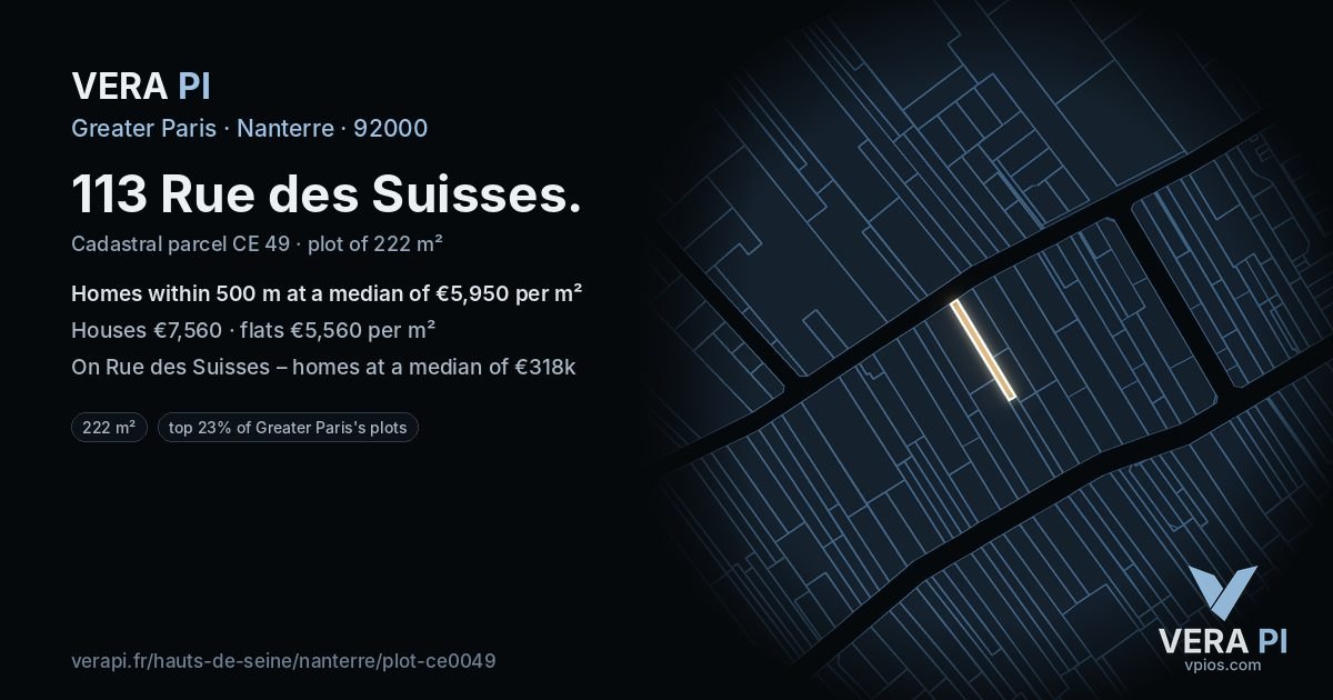 113 Rue des Suisses, Nanterre at night – the plot lit, the parcels around coloured by the prices near them
